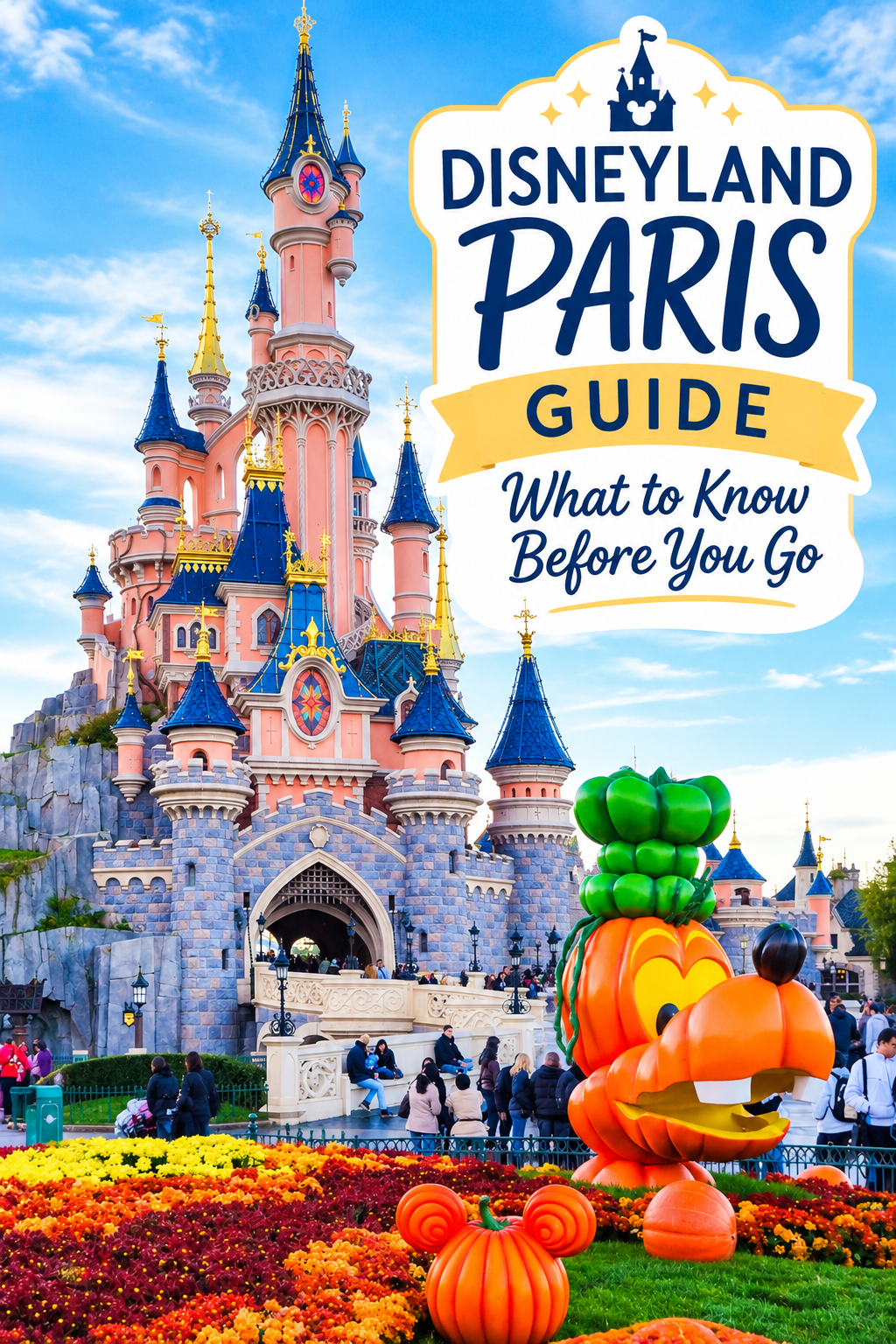best things to do at Disneyland Paris - goofy Pumpkin in front of the Castle at Halloween
