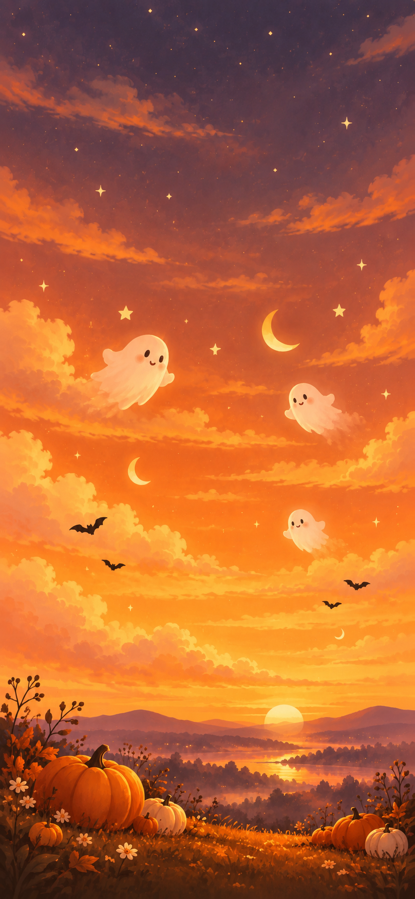 Orange and purple Halloween iPhone wallpaper with cute ghosts, bats, stars and crescent moons