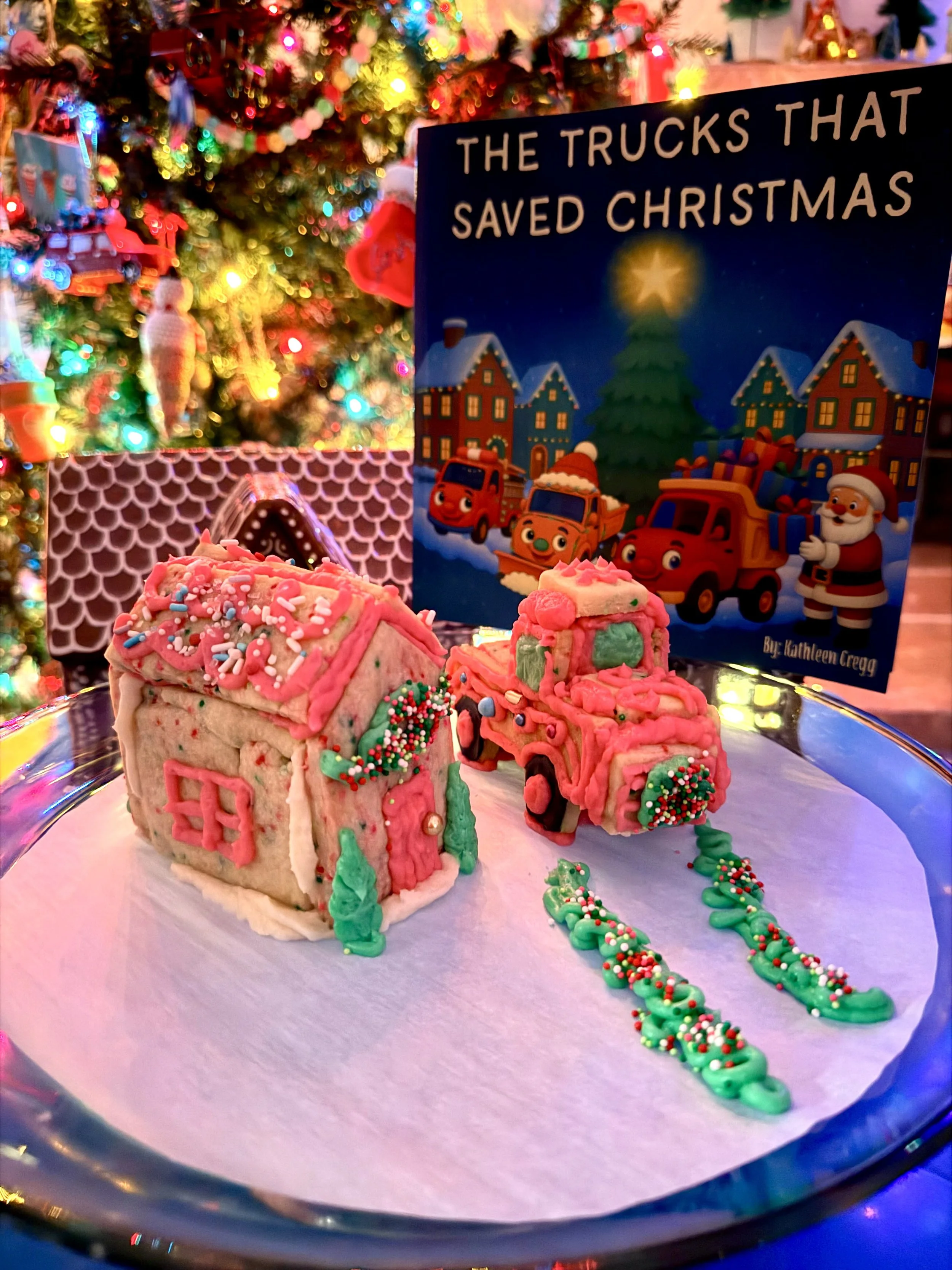 Sugar cookie house with a 3D sugar cookie truck