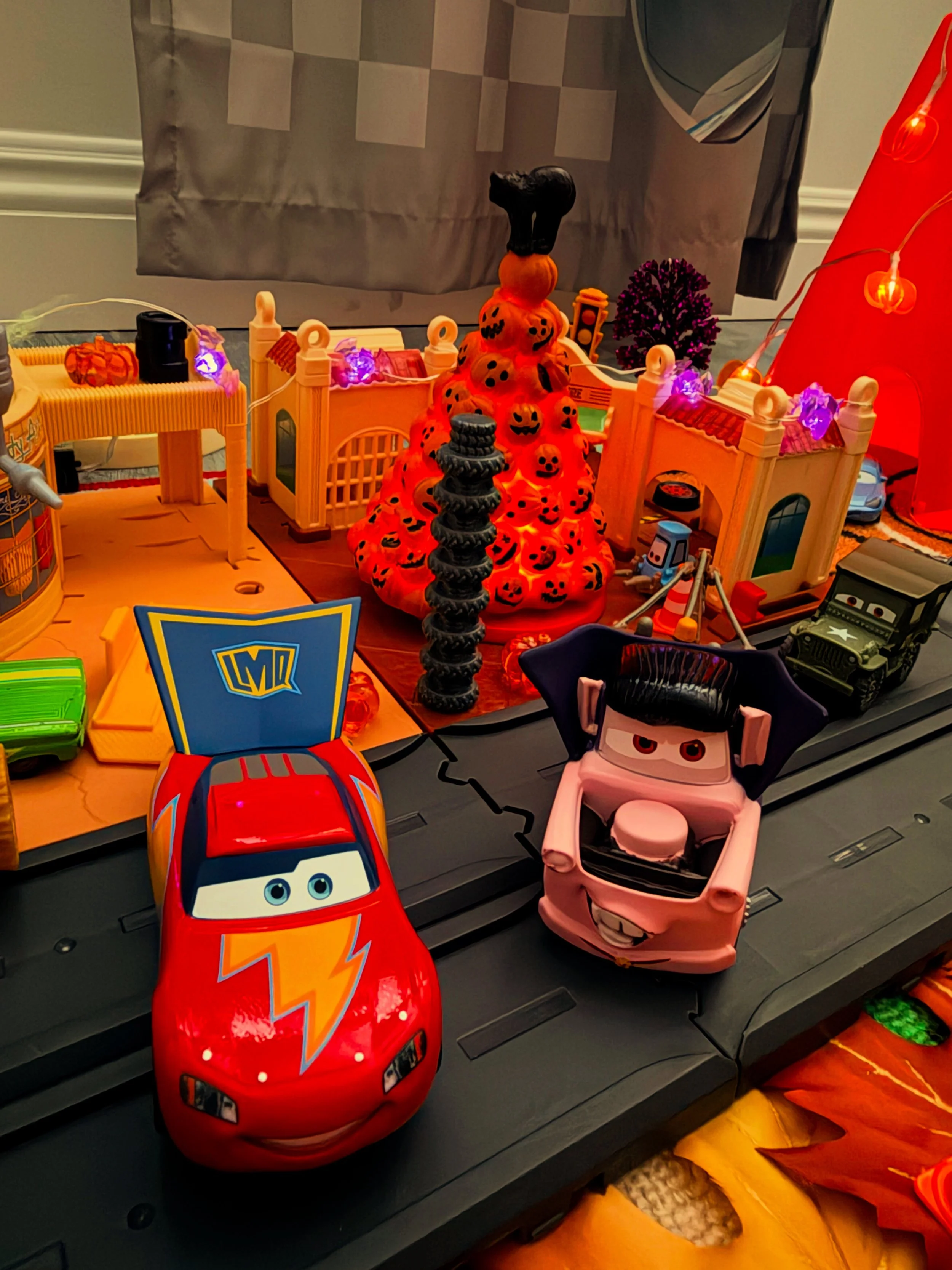 Lightning McQueen and Mater Halloween die cast cars in Radiator Springs makeover