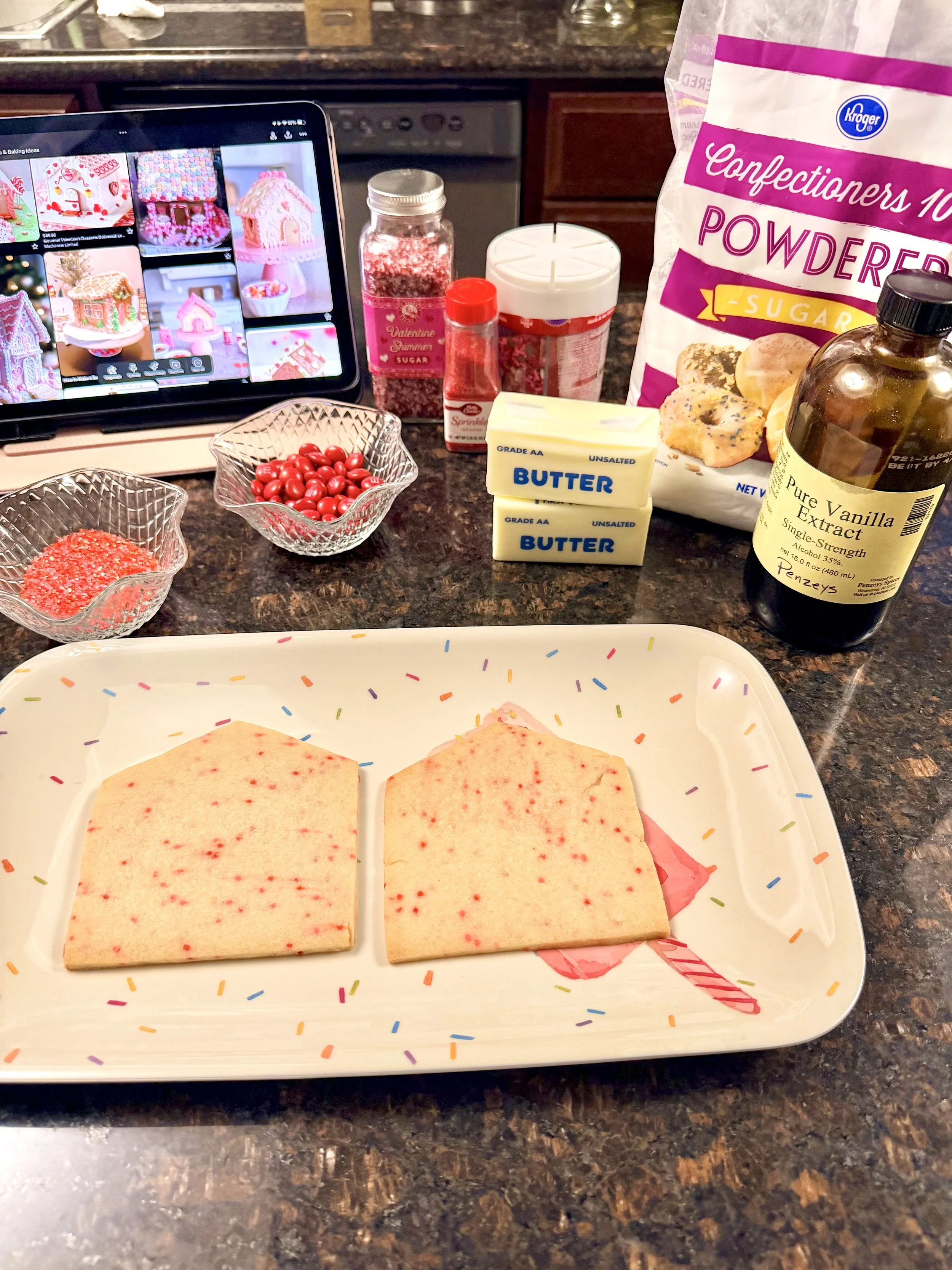 Frosting and decorating ideas for Valentine’s Sugar Cookie House