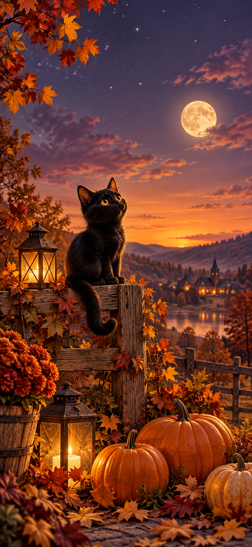 Black cat Halloween wallpaper with pumpkins, lanterns, fall leaves and a glowing moon