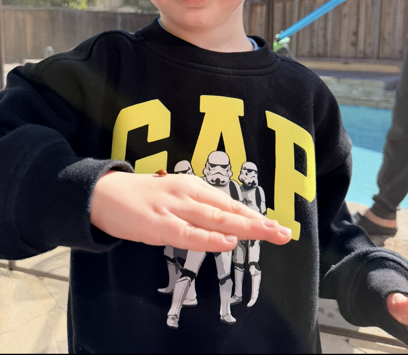 Earth Day nature walk for kids finding a ladybug outdoors as a fun learning activity