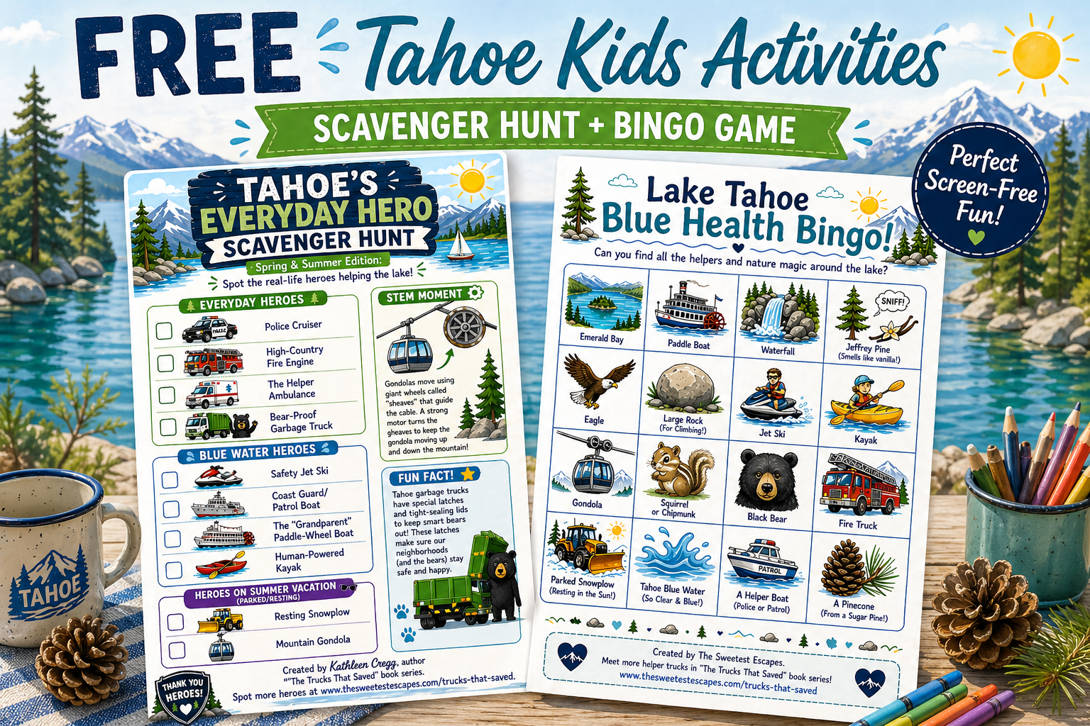 Free Lake Tahoe kids printable activities including scavenger hunt and bingo game for families traveling with kids