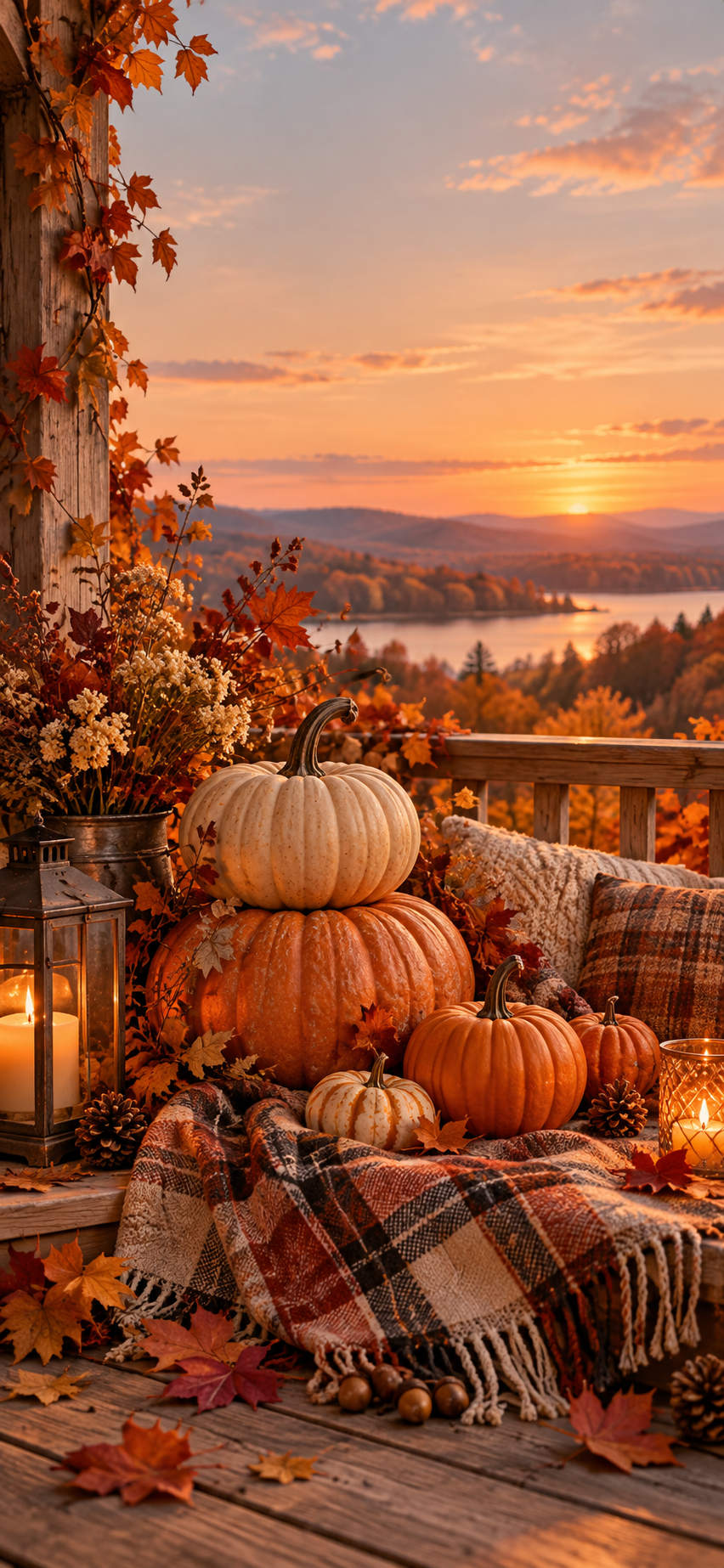 Cozy fall iPhone wallpaper with stacked pumpkins, plaid blanket, candlelight and autumn leaves