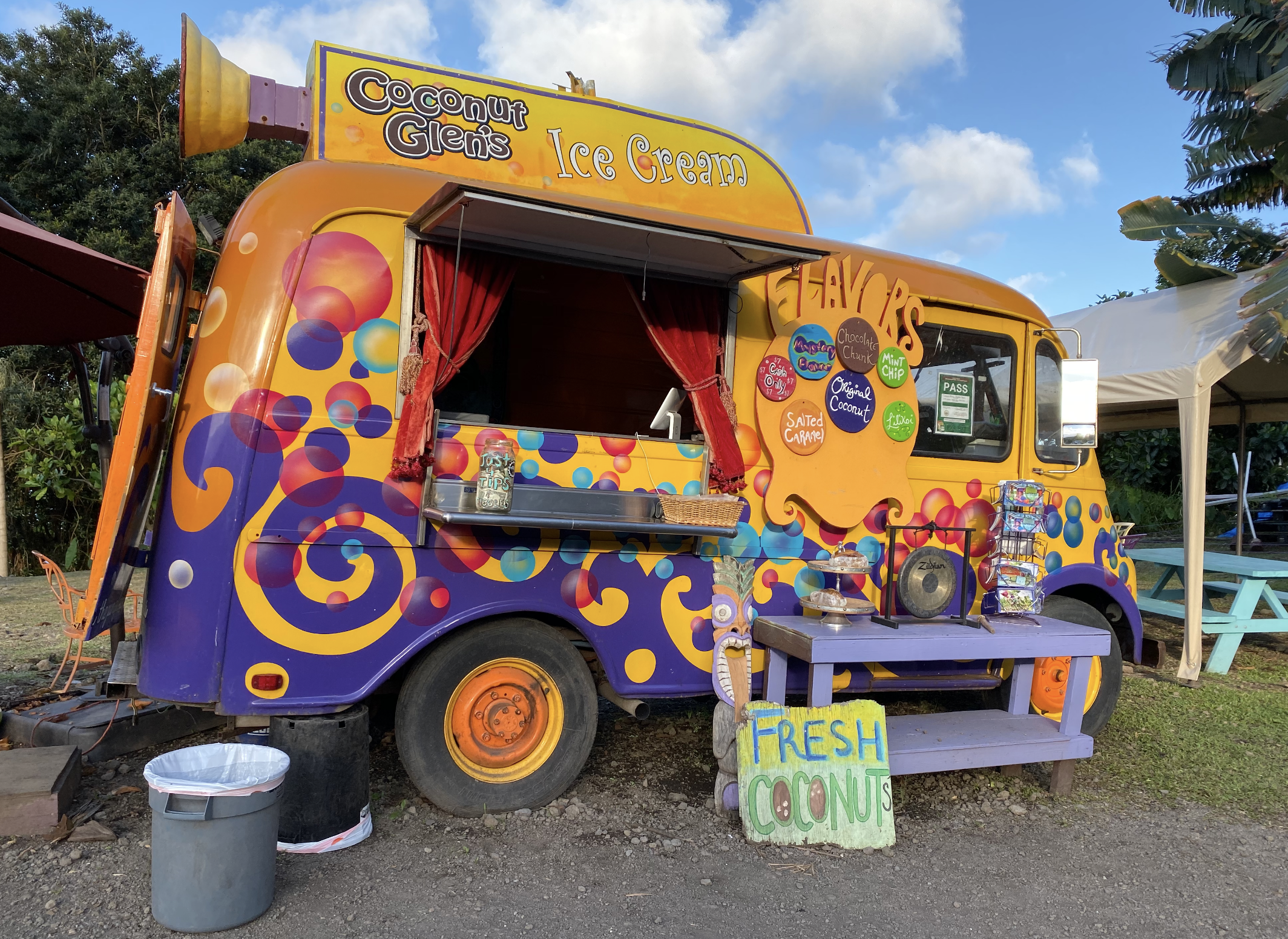 A colorful, whimsical coconut ice cream truck at Coconut Glen's on the Road to Hana, Maui, serving vegan ice cream to families.