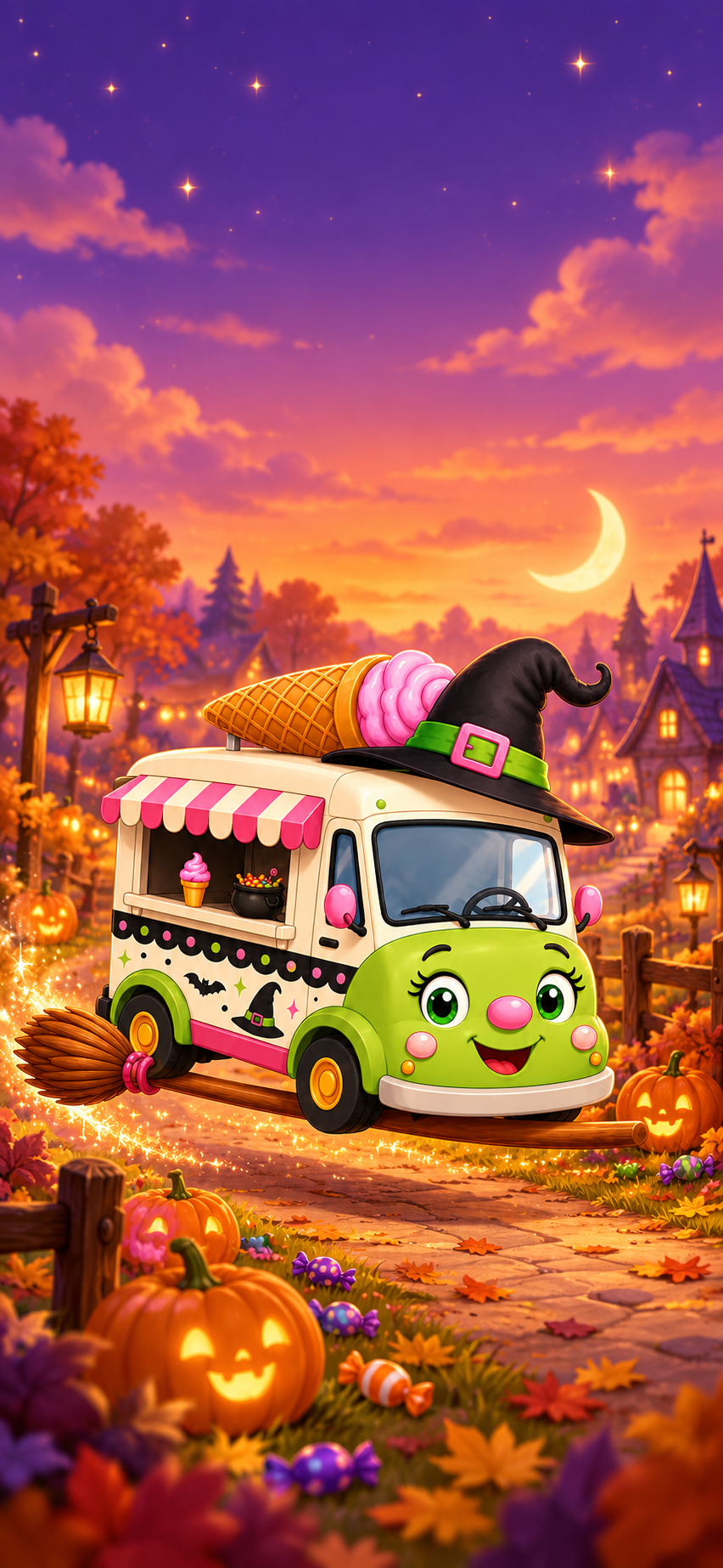 Witch Ice Cream Truck Halloween wallpaper with pumpkins, candy and a purple orange sunset