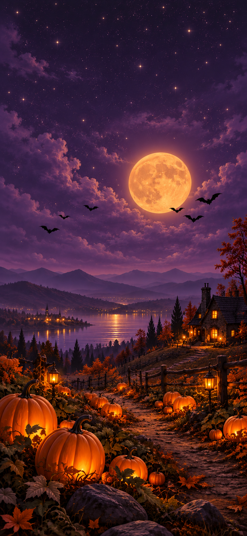 Purple Halloween aesthetic wallpaper with glowing moon, bats, pumpkins and a cozy cottage