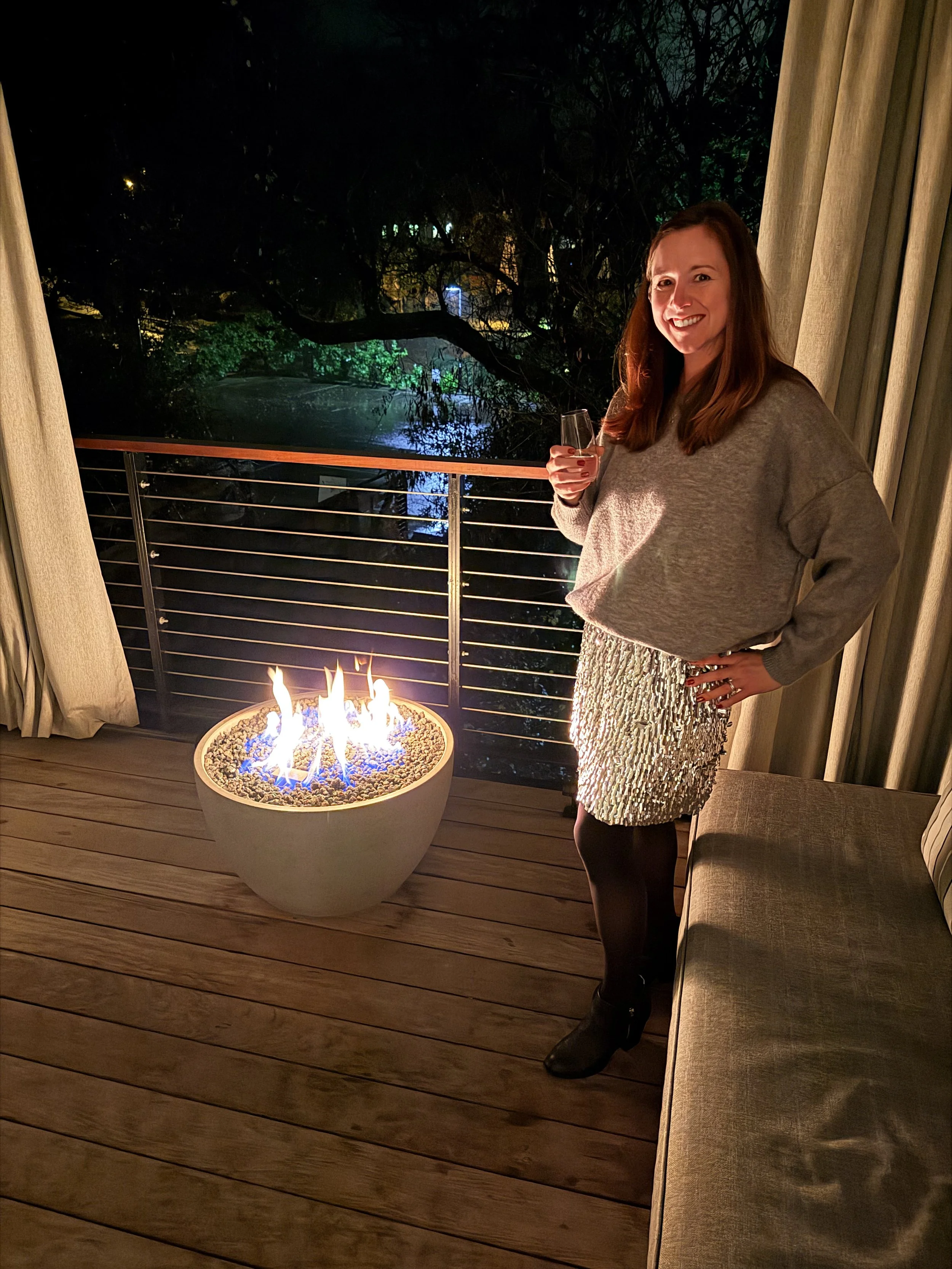 Winter outfit in Napa- Sweater, skirt, tights, and booties