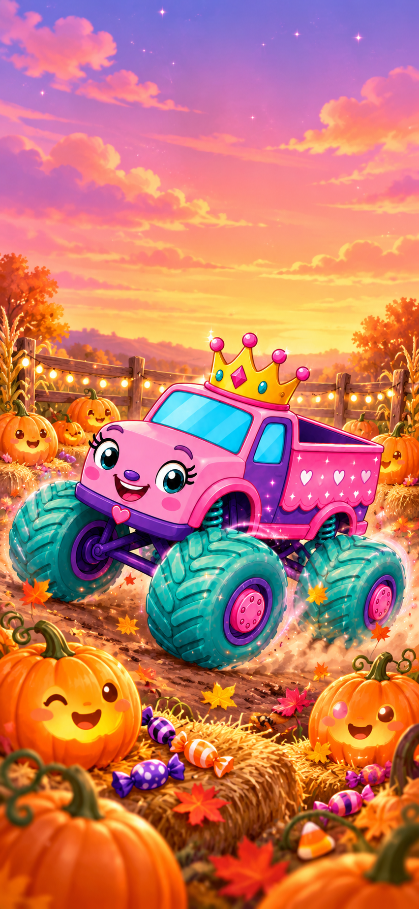 Pink Princess Monster Truck Halloween wallpaper in a pumpkin patch with candy and fall leaves