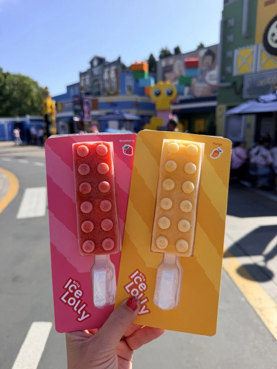 Strawberry and mango LEGO brick-shaped popsicles at LEGOLAND California