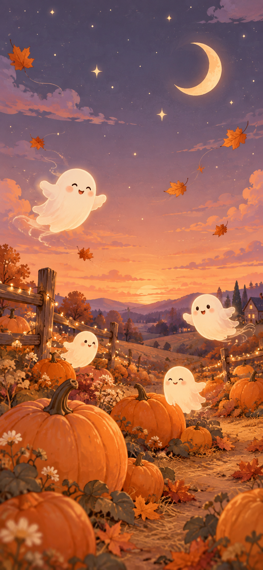 Cute Halloween iPhone wallpaper with friendly ghosts floating over an orange pumpkin patch at sunset