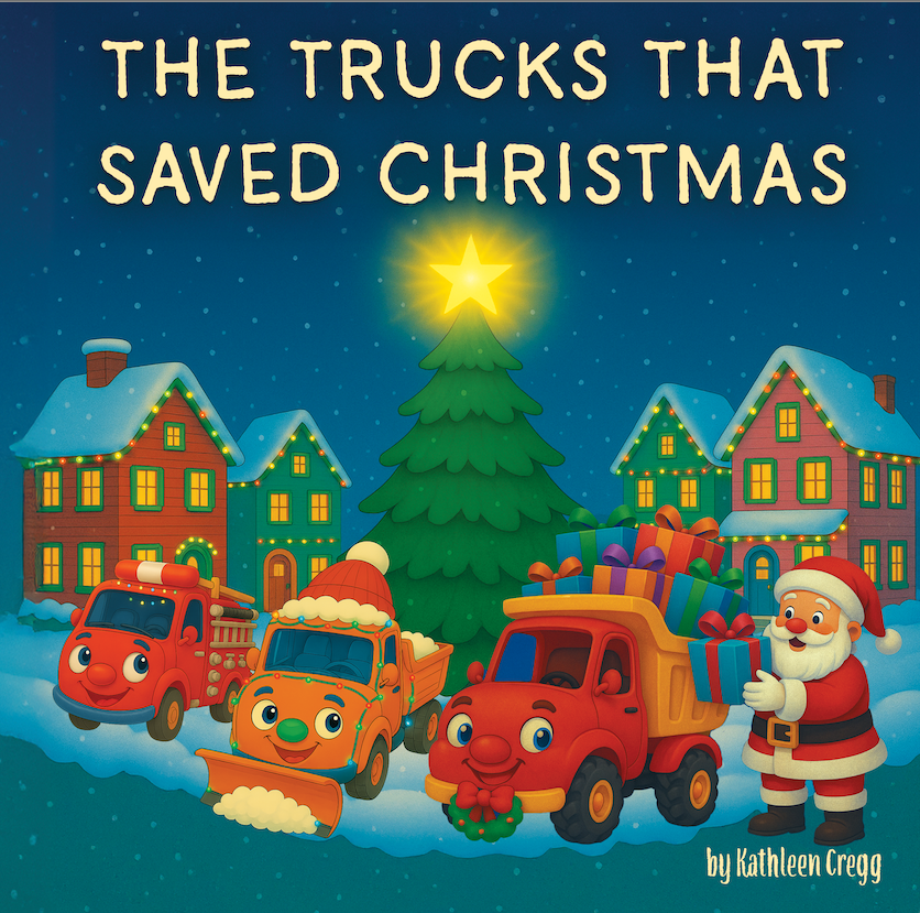 Illustrated book cover of “The Trucks That Saved Christmas” showing cheerful trucks, Santa Claus, and a glowing Christmas tree in a snowy village.