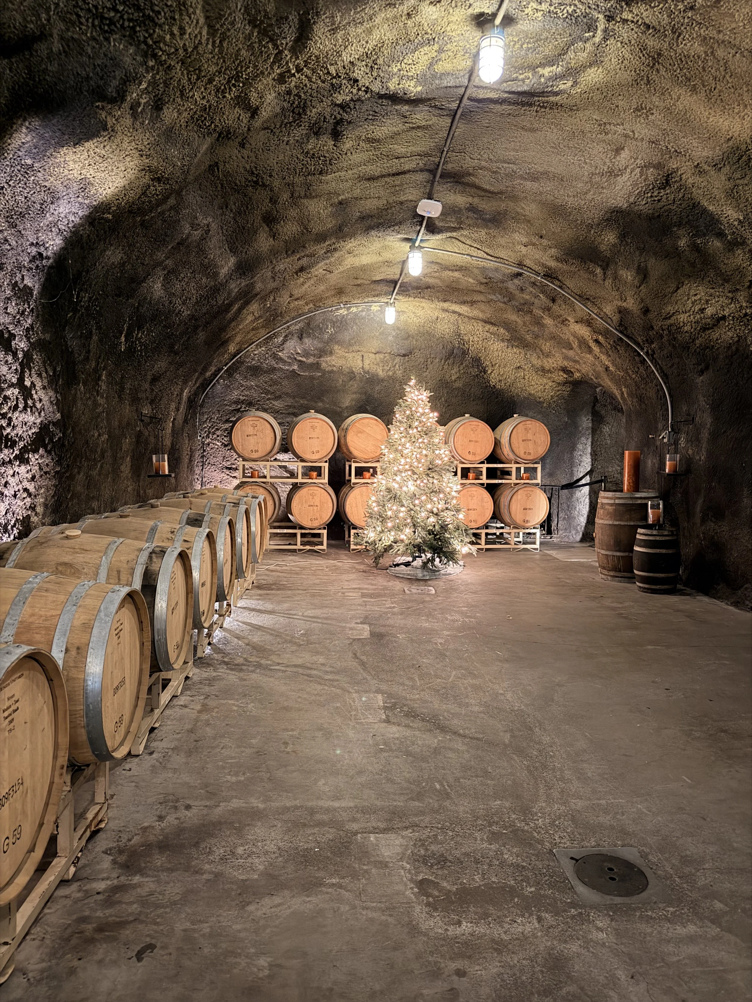 Wine cave at Beringer is charming decorated with a Christmas Tree