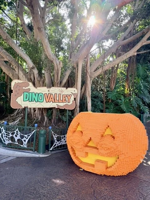 Entrance to Dino Valley with giant Lego pumpkin