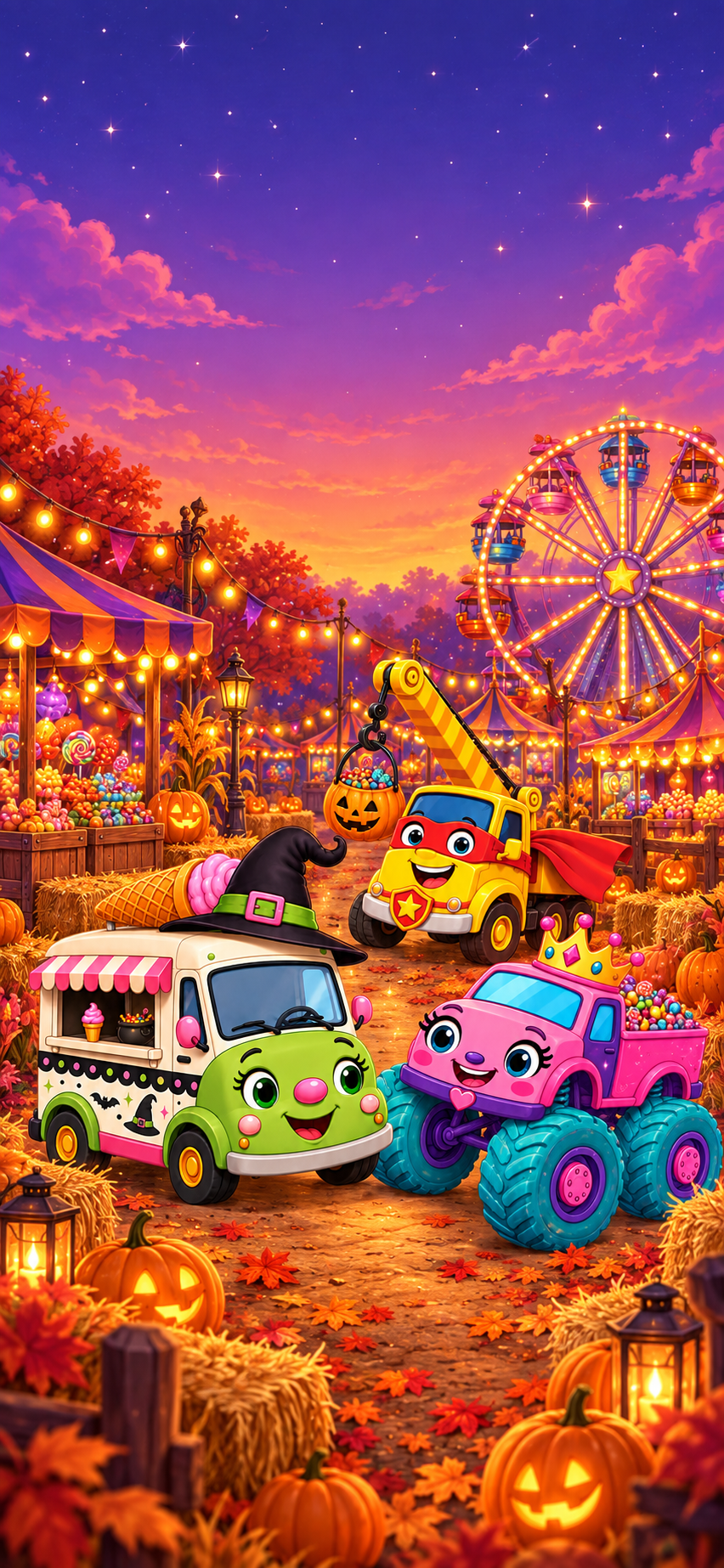 Halloween carnival wallpaper with Witch Ice Cream Truck, Princess Monster Truck, Crane Truck and ferris wheel