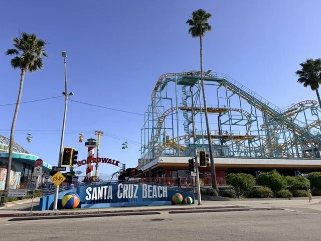 Santa Cruz Beach boardwalk entrance and roller coaster - great for toddler, young kids