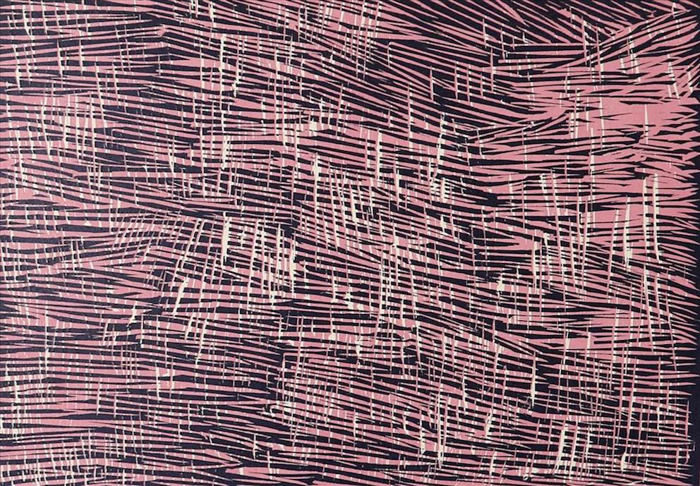   Nyapanyapa Yunupiŋu,  Pink Lines,  linocut on BFK Rives, 24 x 34cm, 2017.  