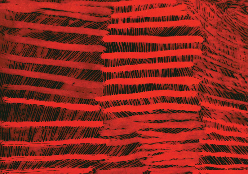  Nyapanyapa Yunupingu,  Red Lines,  etching on Hahnemuhle paper, 55x59cm, 2016. 