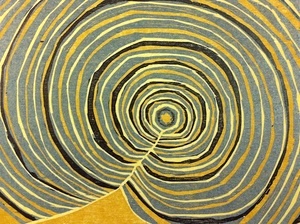  oe Manyguluma,  Water Current, woodblock on Magnani paper, 15 x 20cm, 2012.  