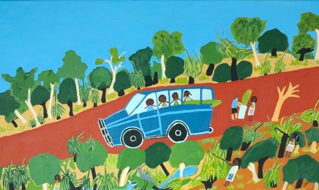  Margaret Dhorrpuy,  Pandanas Collecting with the Ladies in a Blue Troopie , synthetic polymer paint on canvas, 91 x 152.5 cm, 2013. 