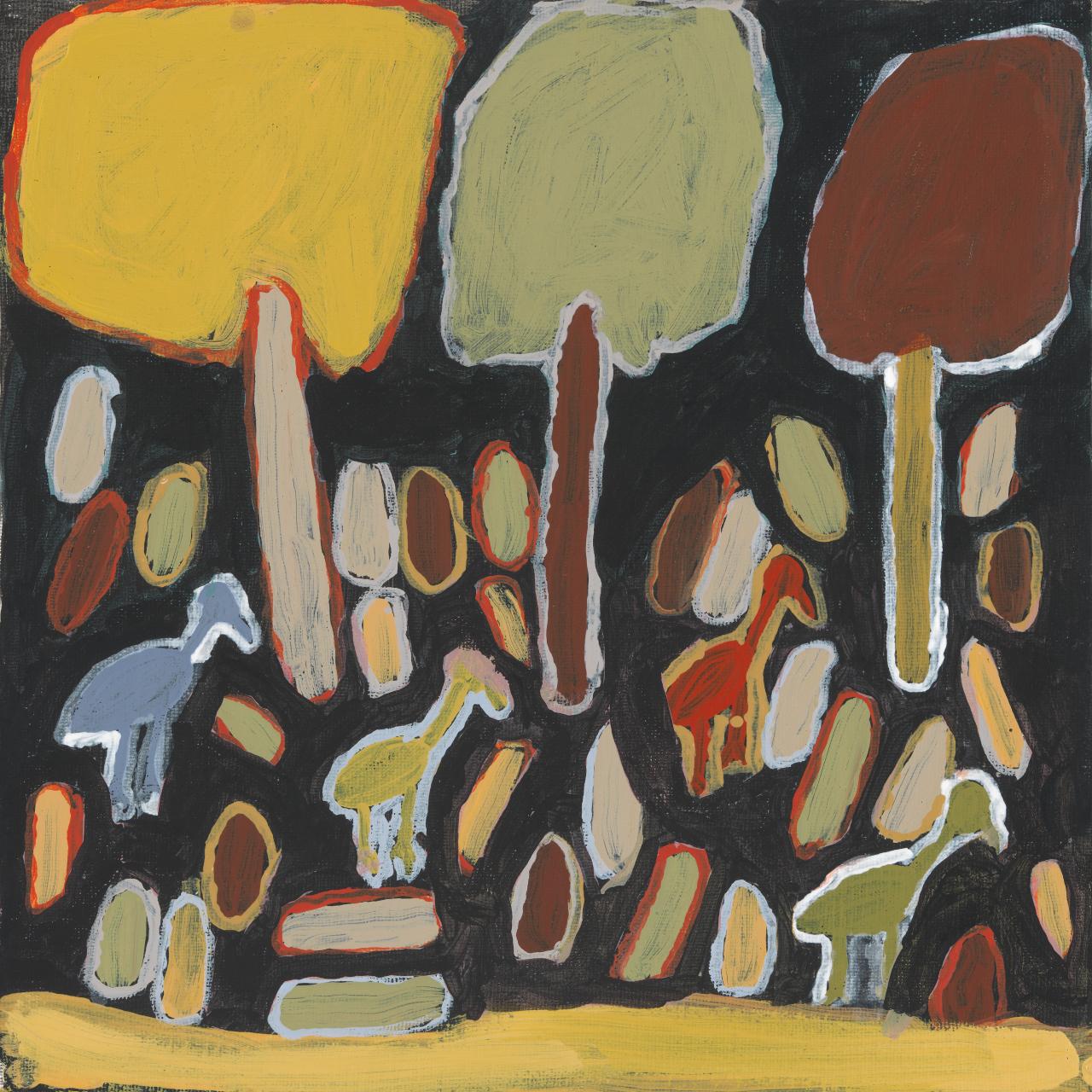  Margaret Rarru,  Buwata (Bush turkey),  synthetic polymer paint on canvas, 30.5 × 30.5 cm, 2010. (National Gallery of Victoria) 