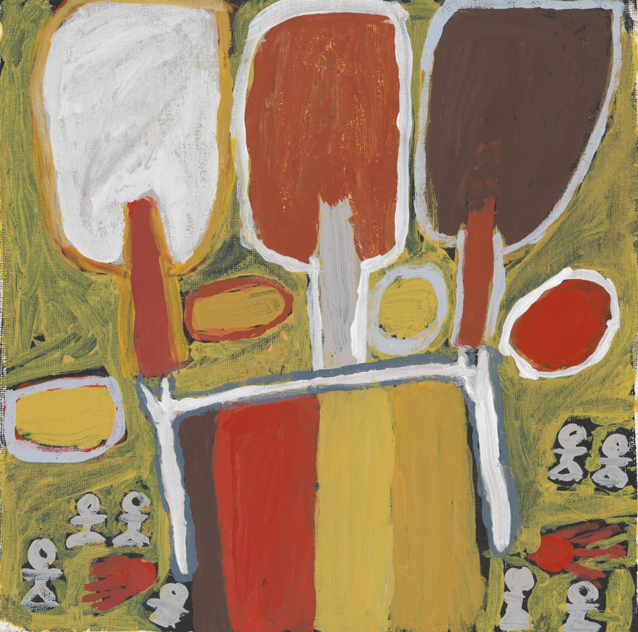  Margaret Rarru,  Djarpul I (Shelter),  synthetic polymer paint on canvas, 30.5 × 30.5 cm, 2010. National Gallery of Victoria collection. 