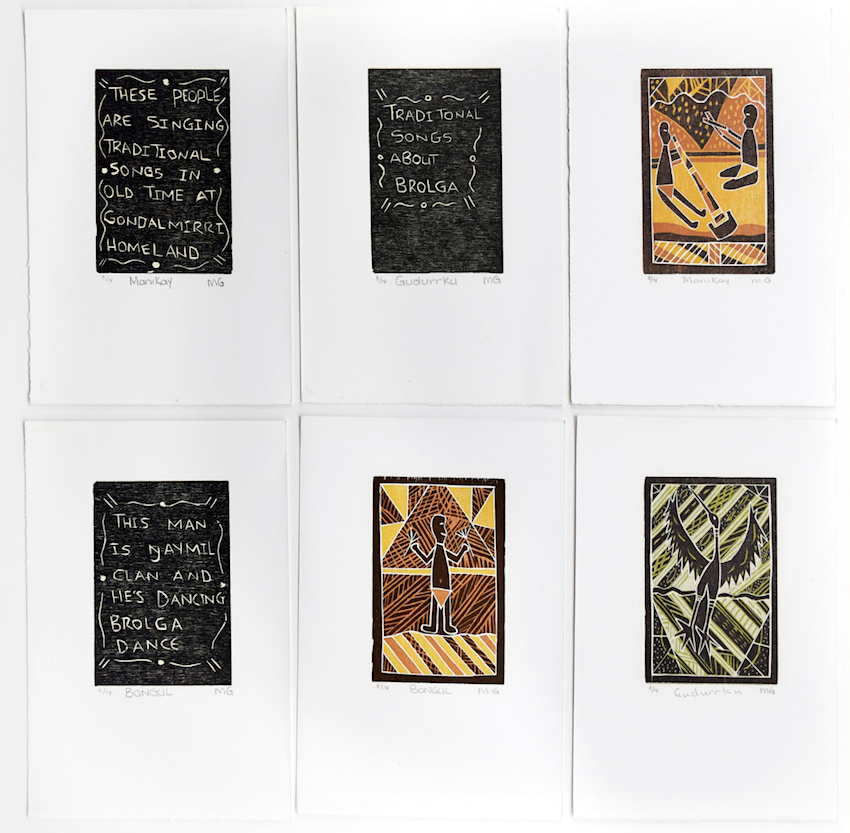  Margaret Gudumurrkuwuy,  Brolga Story, collection of six woodblock prints each measuring 28 x 19cm, 2009. Comes in folio box.  