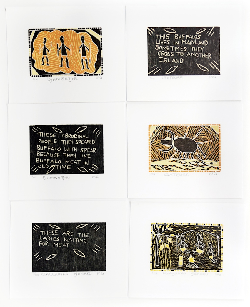  Margaret Gudumurrkuwuy,  Buffalo Story, collection of six woodblock prints each measuring 28 x 19cm, 2009. Comes in folio box.  