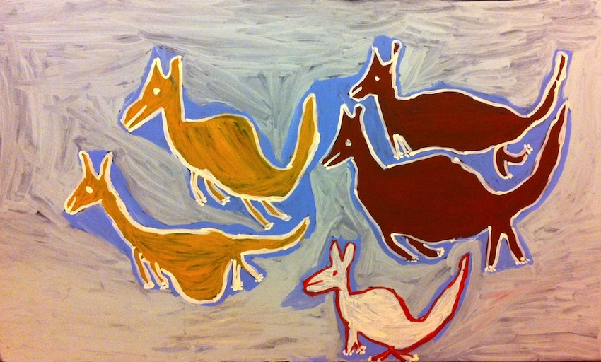  Ruth Lulwarriwuy,  Five Dogs,  synthetic polymer paint on canvas, 70 × 120 cm. 