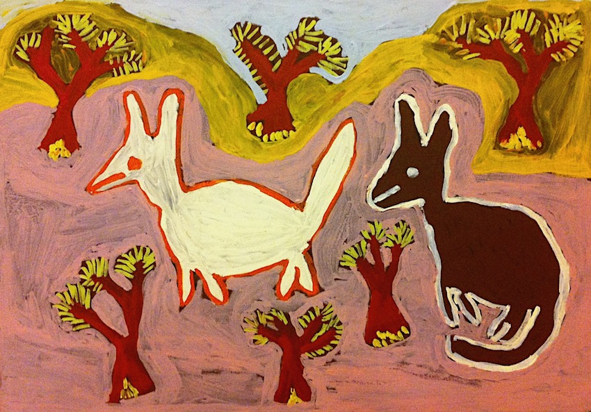  Ruth Lulwarriwuy,  Two Dogs and Trees,  synthetic polymer paint on canvas, 60 x 90 cm. 