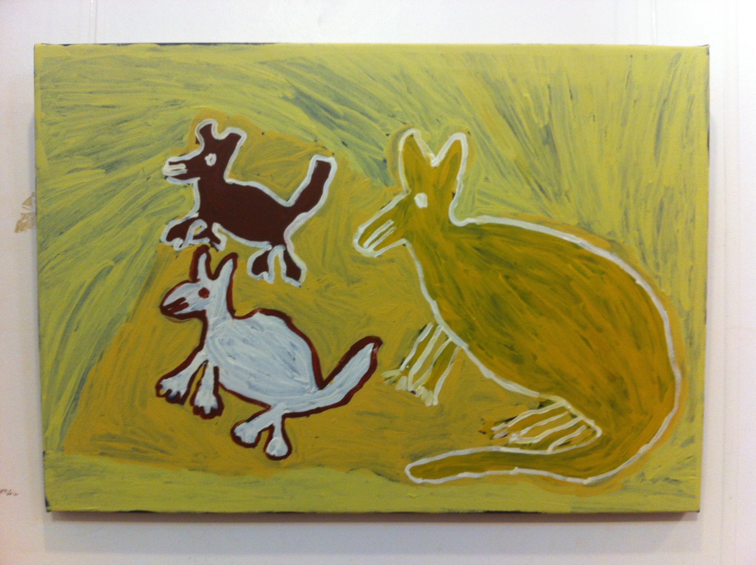  Ruth Lulwarriwuy,  Three Dogs and Waterhole,  synthetic polymer paint on canvas, 60 x 90 cm. 