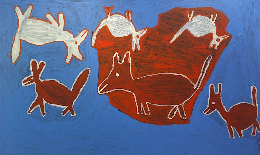  Ruth Lulwarriwuy,  Yirritja and Dhuwa Dogs,  synthetic polymer paint on canvas, 70 × 120 cm. 