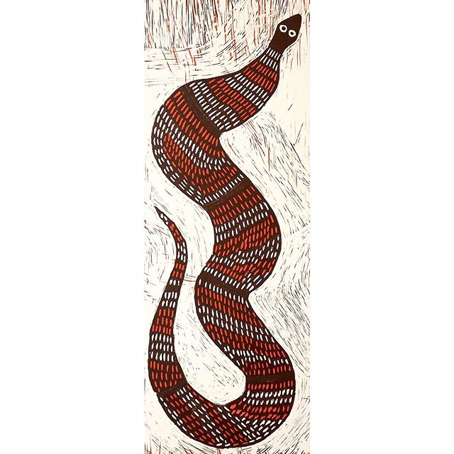 Had a great time working with Stanley Taylor from Mowanjum Aboriginal Art and Culture Centre earlier this year. Over two weeks he designed, cut and proofed this three layered woodblock print of Ungud (Snake).
.
The Ungud story is about two young boys
