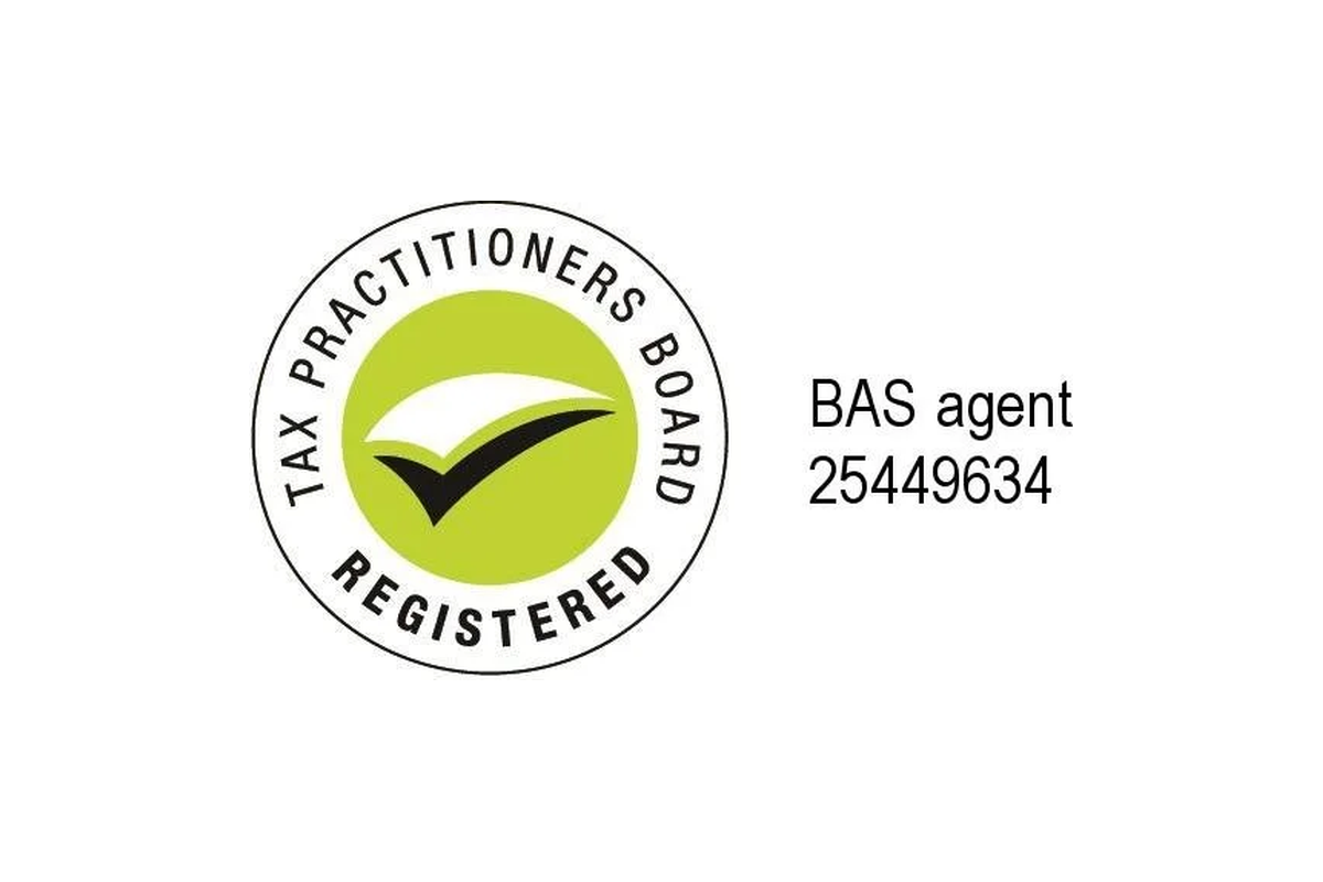 Tax Practitioners Board registration badge with a checkmark inside a circle, and a BAS agent number to the right.