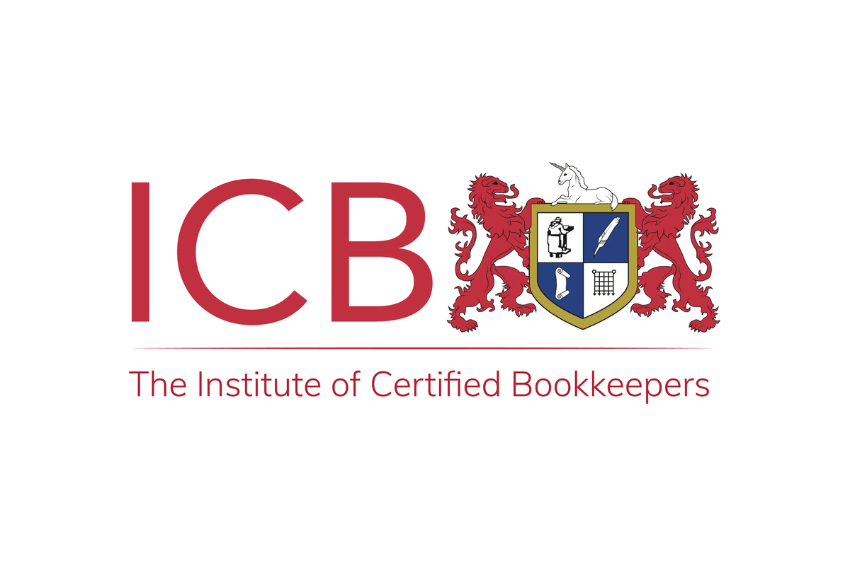 Logo of the Institute of Certified Bookkeepers (ICB), featuring red letters 'ICB', a coat of arms with a lion, unicorn, and shield with symbols of a person, pen, shoe, and calendar, and the text 'The Institute of Certified Bookkeepers'.
