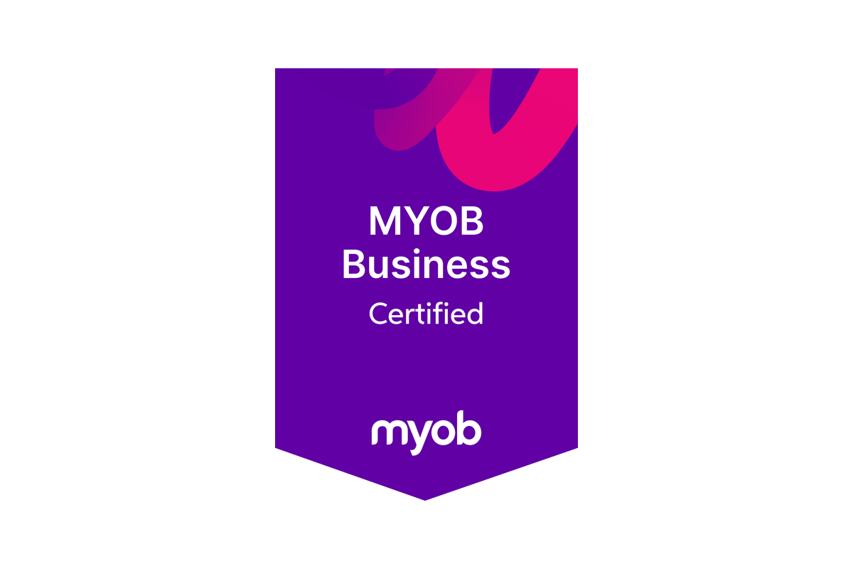 Myob Business Certified badge with purple background and white text