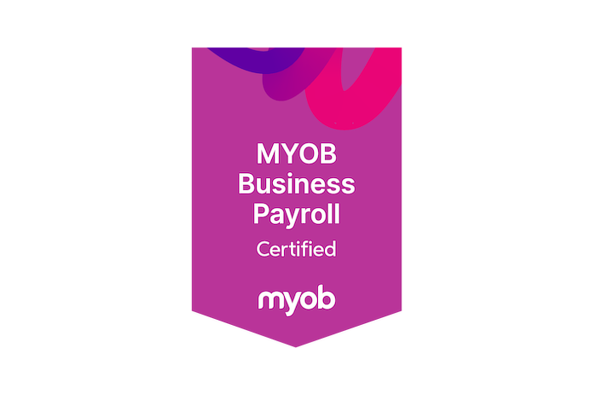Purple badge indicating MYOB Business Payroll Certified with the MYOB logo at the bottom.