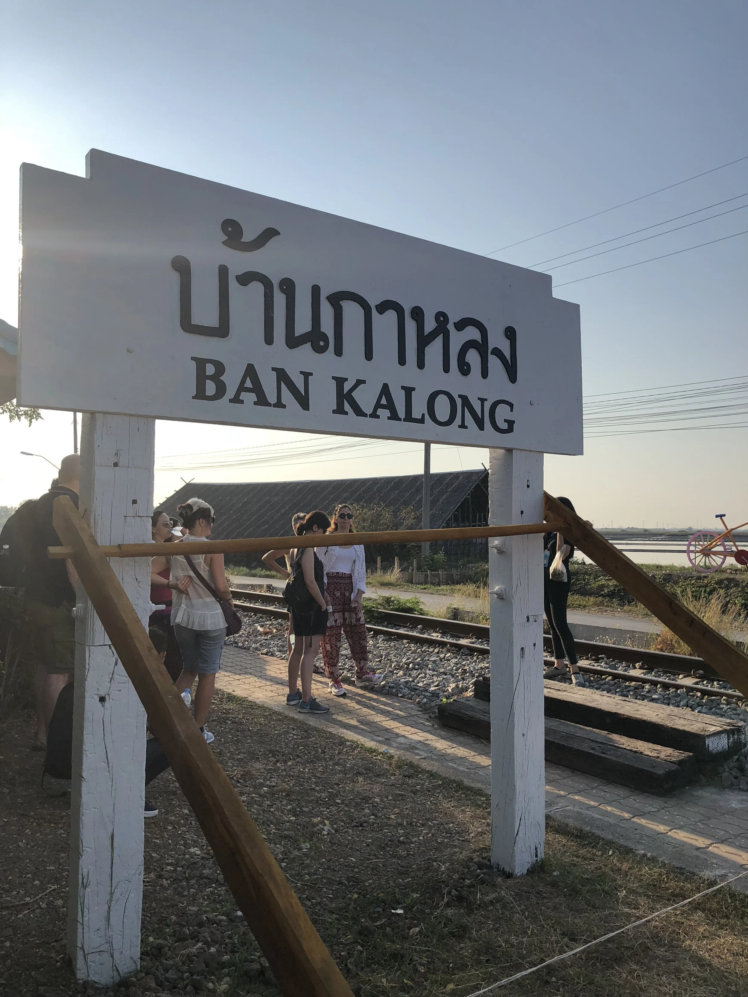 Waiting in this station for the train that will take us to Maeklong Station. We got to see some salt farms right next to the station.