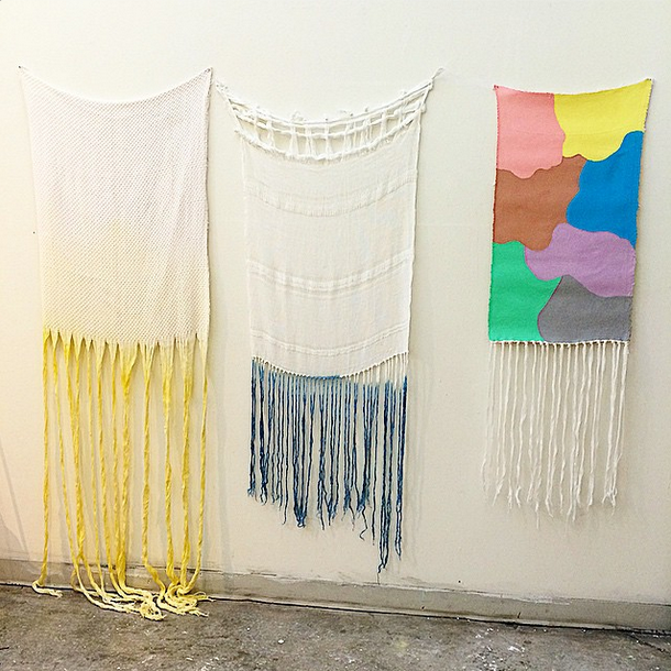 Hanan Sharifa, Hand-woven cotton and silk dip dyed in yellow 34 x 78, hand-woven cotton dip dyed in indigo 24 x 36, hand-woven cotton and oil paint 20 x 30.