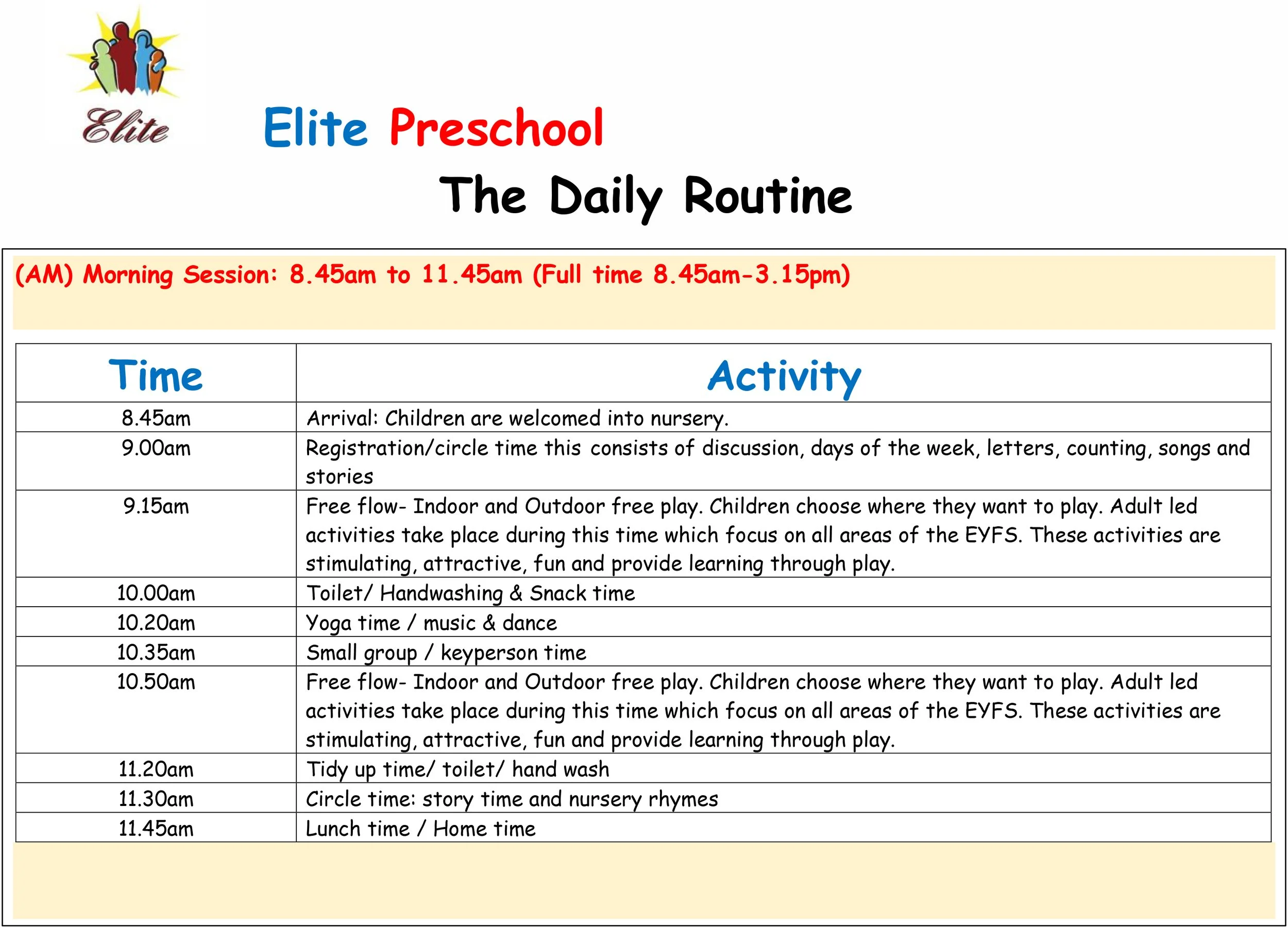 Our Daily Routine — ELITE KIDS CHILDCARE