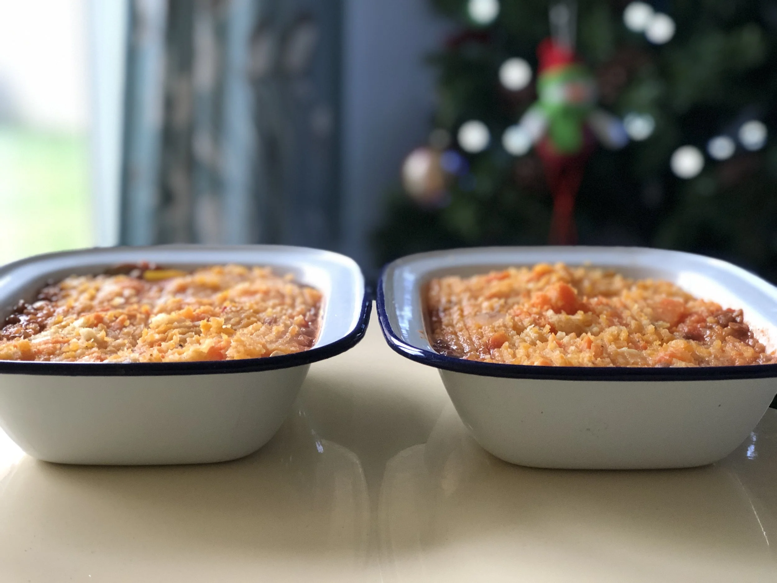 Chickpea and green lentil shepherds pie with sweet potato, parsnip and carrot mash.