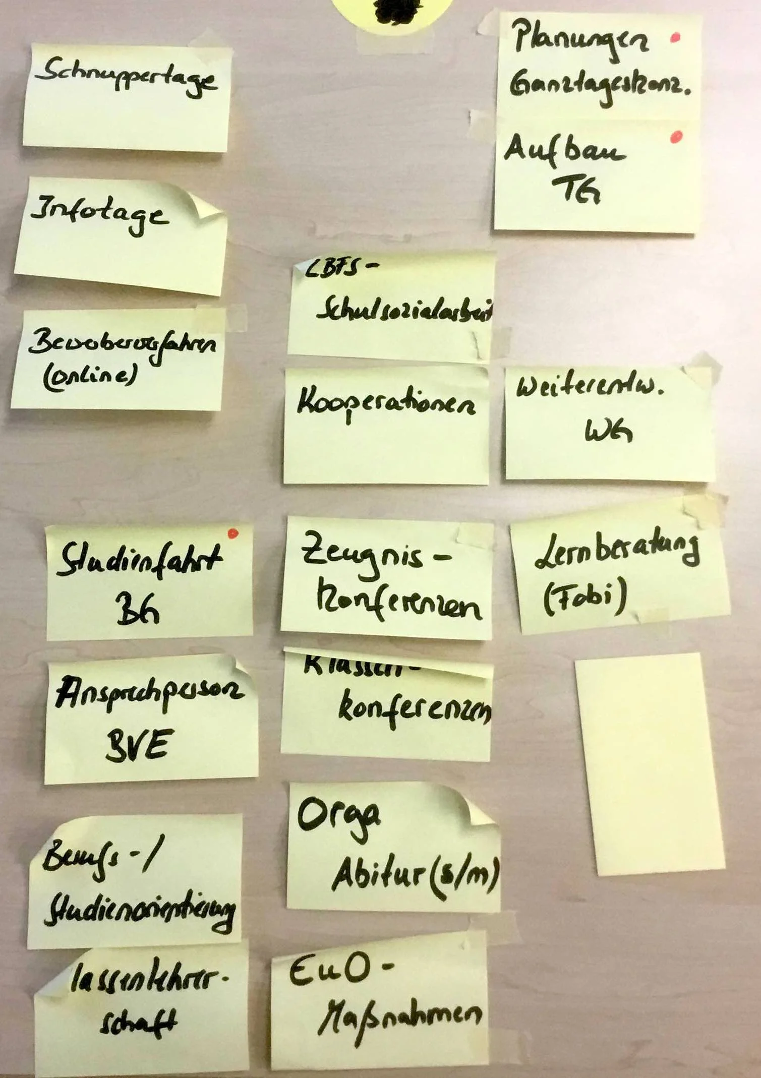 Beispiel Al-Aufgaben mit großen Postest, 12,7 cm x 7,6 cm angeheftet auf einer Pinnwand (pro Person ca. 1/2 Pinnwand). Diese großen Postest sind leichter handhabbar als Moderationskarten. Es gibt auch Moderationskarten (ca. 20 cm x 9 cm) in Klebever…