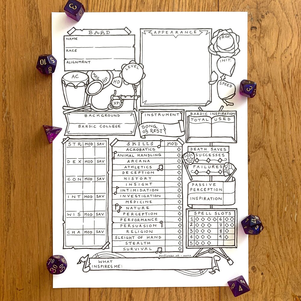 5e Bard Class Character Sheet Penflower Ink