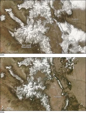 Figure 2 displays the San Juan Mountains on April 12, 2005 and April 12, 2006 respectively. The 2006 image shows a reduction in the snowpack’s spatial extent compared to the 2005 image–Courtesy of NASA