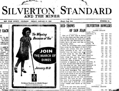 A newspaper clipping from the January 27, 1950 edition of the “Silverton Standard” with a story about red dust deposits on snow–Taken from the presentation “Dust in the western US; a history of mineral aerosol deposition to Colorado” by Dr. Jason Neff