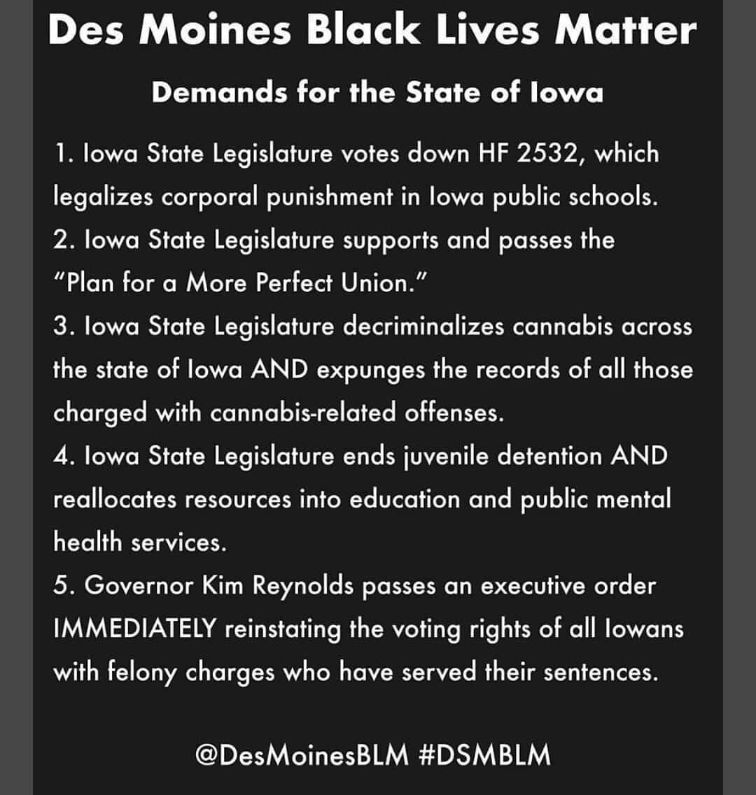 Please follow @desmoinesblm and support them with funding. I am posting a link to their Go Fund Me in our bio.
Then please take the time to actually go through this list of demands and read up on them yourself. Put in the work.  Google some of these 
