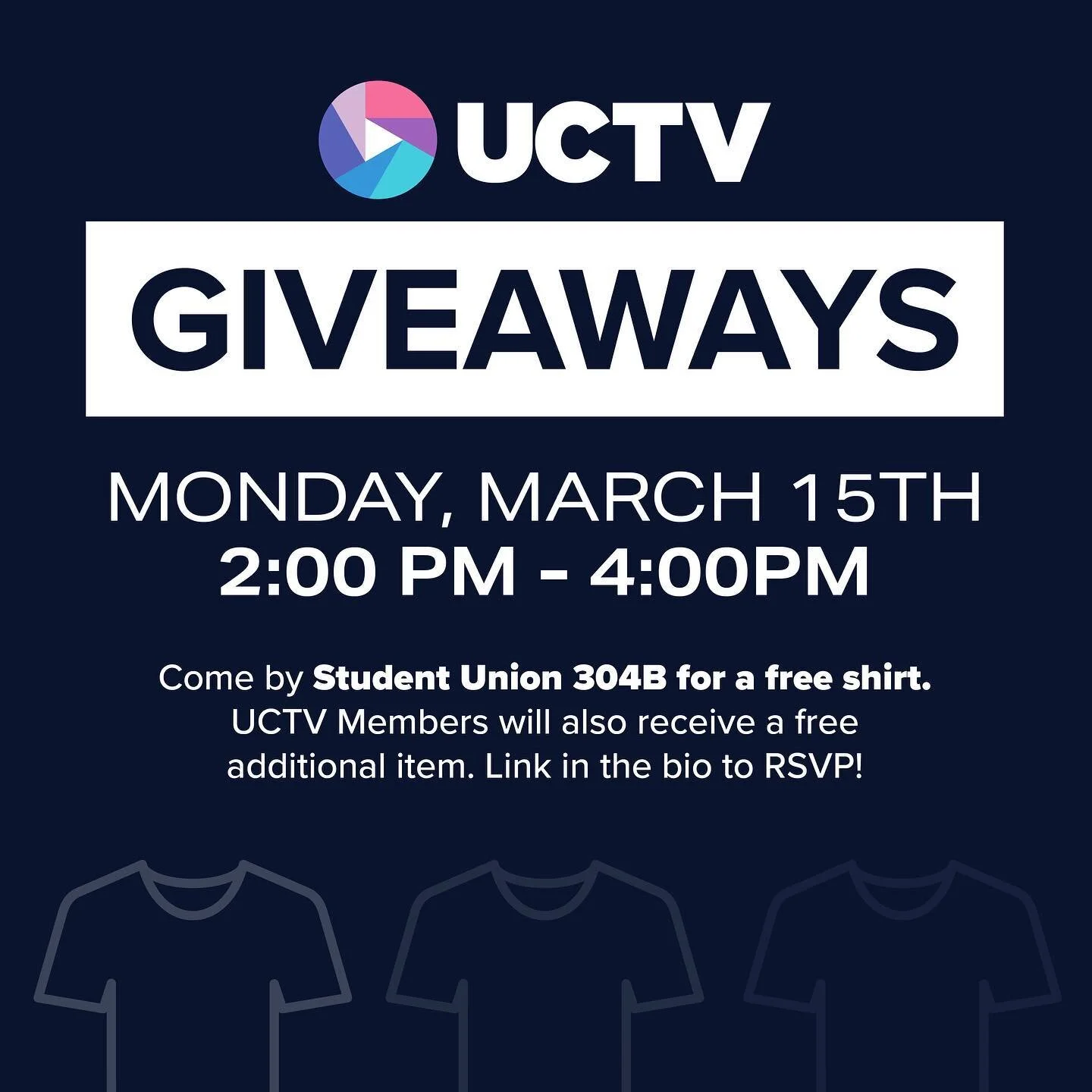 Monday, March 15th we will be giving FREE shirts at Student Union 304B. Any UCTV Members will receive an additional free item. RSVP with the link in the bio!