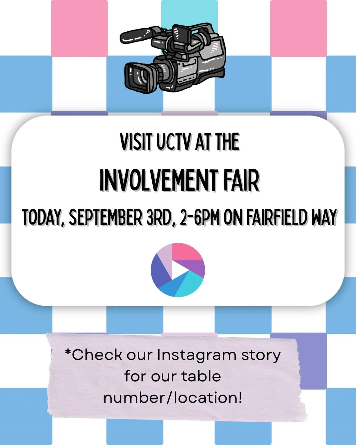 🎥 Want to get involved with UCTV? Visit us at the Involvement Fair today! We&rsquo;ll be on Fairfield Way from 2-6. Check our Instagram story for our table number and location!