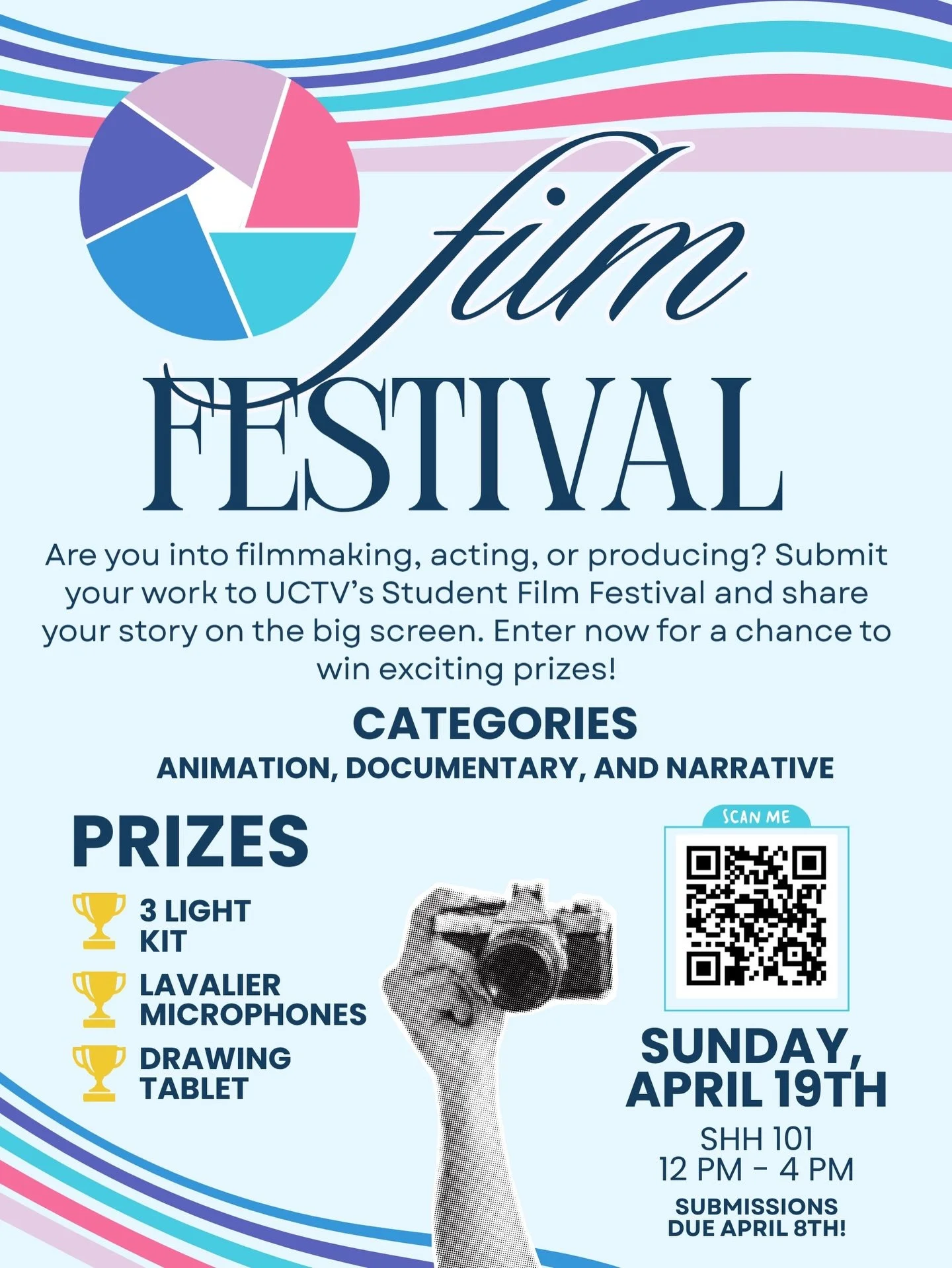 Submissions for UCTV&rsquo;s Annual Film Festival are live! Submit through the link in our bio by April 8th for the festival on April 19th! We can&rsquo;t wait to see what you create🎥🎞️🎬 #uctv #film #filmfestival